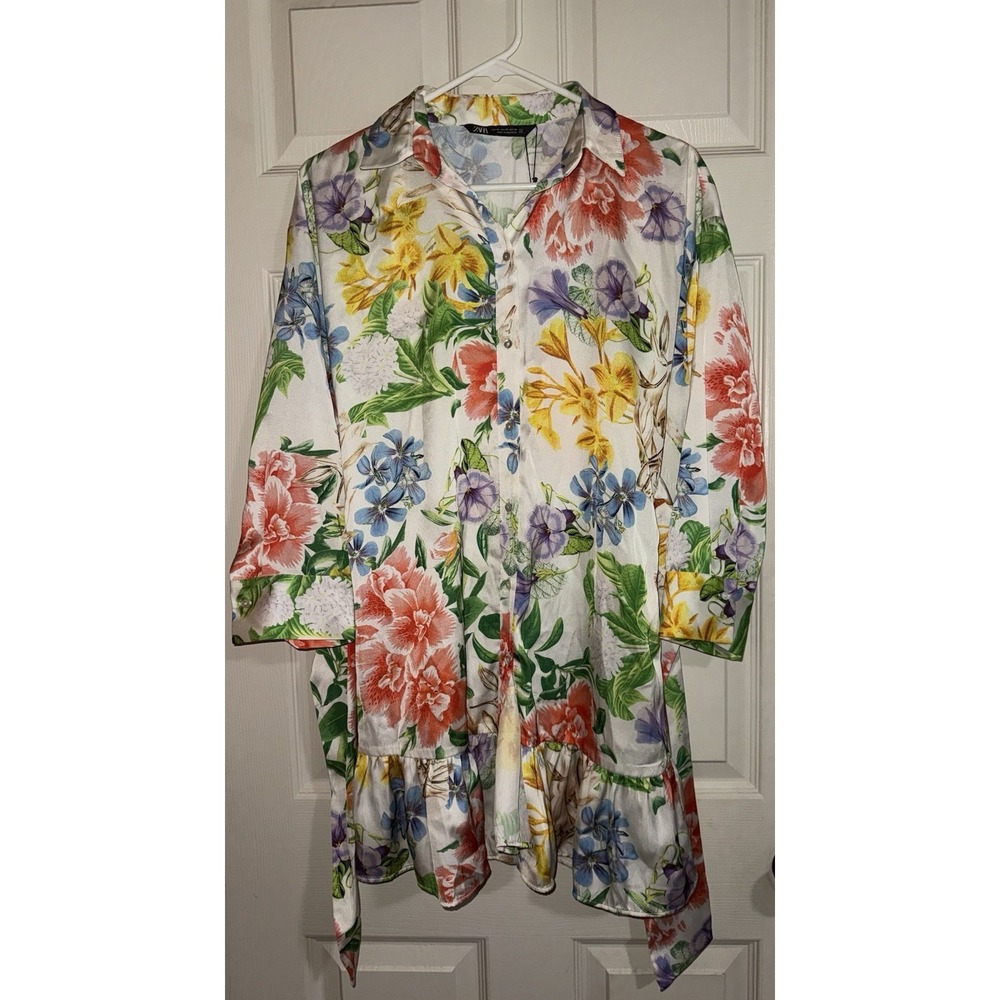 ZARA boho mini dress size XS Long Sleeve Satin Effect Floral Button Up NWT